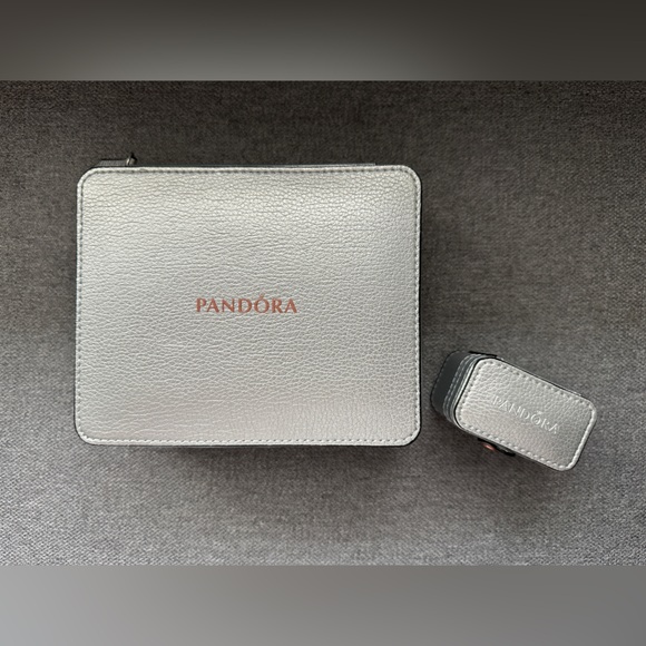 Pandora Silver Leather Zip Travel Jewelry Box with Matching Ring Box